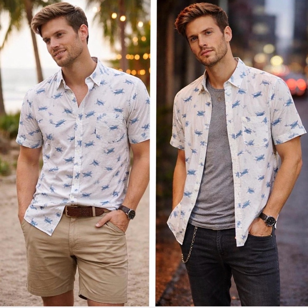 J.Crew Sailfish‎ Print Button Down Shirt Mens Sz S Cotton Short Sleeve Coastal